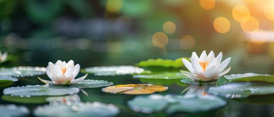 Wall Mural - A serene pond scene with water lilies and lotus flowers in full bloom, their delicate petals floating on the water's surface. flat design, minimalistic shapes with space for text