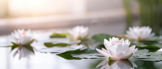 Wall Mural - A serene water garden with lotus flowers in various stages of bloom, their large pink and white petals floating on calm water. flat design, minimalistic shapes with space for text