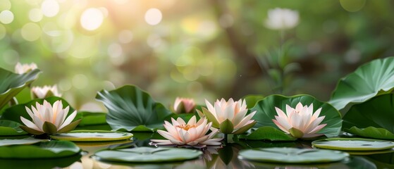 Wall Mural - A serene pond adorned with blooming sacred lotus flowers, their large pink petals and lush green leaves floating gracefully. flat design, minimalistic shapes with space for text