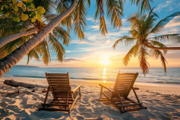 Canvas Print - Beach chairs are placed on a beautiful beach with coconut trees.
