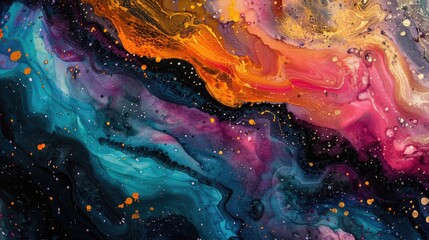 Wall Mural - Vibrant Abstract Space Background on Watercolor Paper with Marbleized Ink Nebula and Hand Painted Cosmos and Stars