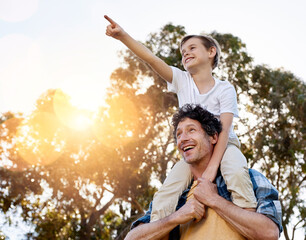 Poster - Happy, father and boy on shoulder pointing outdoor together for future journey, development and love on weekend. Smiling, man and son outside playing in nature for adventure, courage and relationship