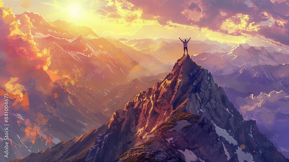 A lone figure stands atop a mountain peak, arms raised in victory, as a ...