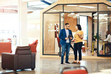 Poster - Discussion, tablet and business people in startup for planning, online networking and internet. Creative office, teamwork and man and woman on digital tech for research project, website and meeting