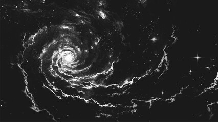 Aufkleber - Deep space scene background in stippling style with amazing huge spiral nebula in universe. Great Attractor. Retro styled dotwork. Pointillism. Noisy grainy shading using dots. Vector illustration