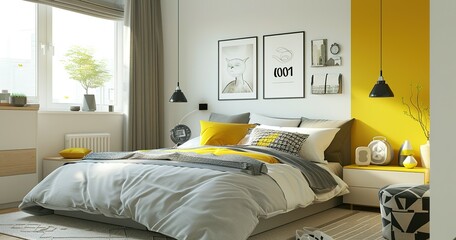 Interior shot of an modern bedroom with scandinavian yellow with frame wall, poster, modern interior background.