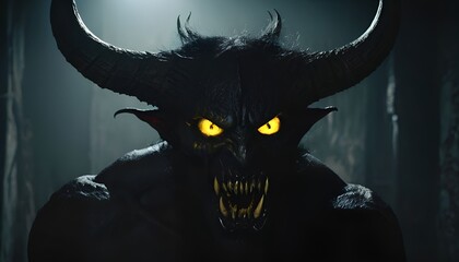 Menacing black demon with fangs and glowing yellow cat like eyes