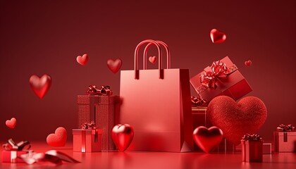 Wall Mural - A red shopping bag is surrounded by red boxes and hearts