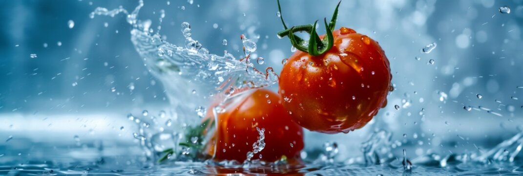 Tomato and water splash. captured with highspeed photography as they break through the waters surface. Blue background 