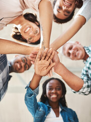 Aufkleber - Business people, circle and stack of hands in low angle, teamwork and connection in happy with diversity. Men, woman and solidarity in scrum with portrait, synergy and link with motivation at startup