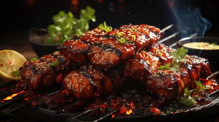 Wall Mural - Delicious grilled yakitori with vegetable toppings, blur background