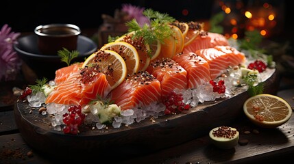 Wall Mural - Delicious fresh sashimi on ice with black and blur background