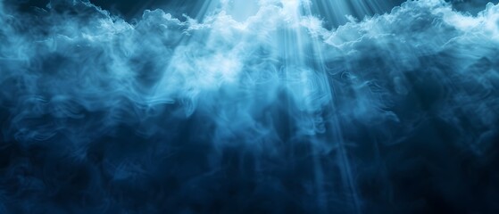 Poster - Abstract image of dark blue smoky backgrounds with light rays for product display. Black room or stage background for show or showcase.Panoramic view of the abstract fog mist clouds