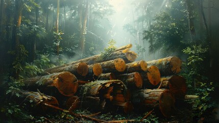 a pile of cut trees in the forest with some trunks