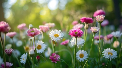 Wall Mural - Capturing the pink and white blooming Bellis perennis in the park