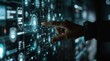 © Dao - A hand pointing at an interactive screen displaying various digital data and cyber security symbols, representing the concept of advanced AI technology in business office environment.
