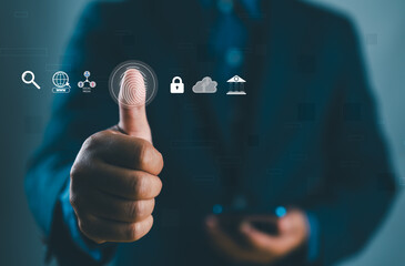 Leinwandbilder - Biometric cyber security system. Businessman touch virtual access control icon. Access security personal financial data on scan fingerprint identification, Cybersecurity and privacy to protect data.