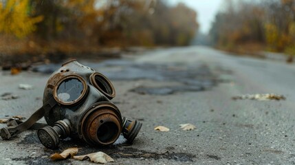 Poster - A gas mask is laying on the ground in a deserted area