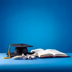  graduation cap and diploma web banner graduation mortar hat and degree on blue panoramic background