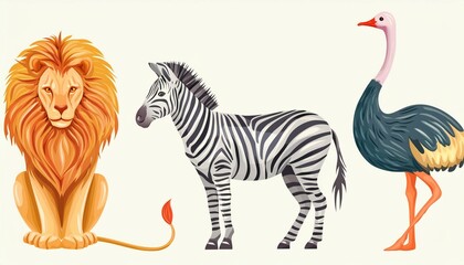 Poster - Safari Animal set zebra, ostrich and lion in watercolor style. Isolated vector illustration