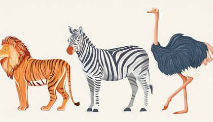 Poster - Safari Animal set zebra, ostrich and lion in watercolor style. Isolated vector illustration