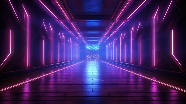 Futuristic background of a tunnel or corridor with bright colors of neon blue pink purple, ultraviolet light, interior of an empty room of a nightclub, luminous panels, stage decoration of a show,