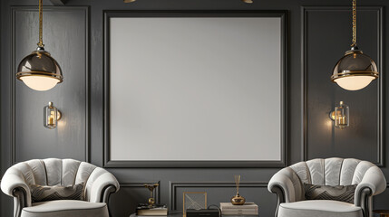 Wall Mural - Elegant home interior with a thick-bordered blank frame on a grey wall, luxurious chairs, sophisticated lighting, and two hanging lamps on either side of the frame