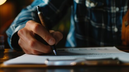 Wall Mural - A close-up photo of a person confidently signing a contract, representing a commitment to an agreement.