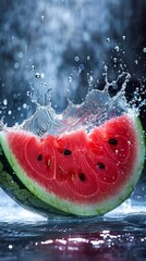 Wall Mural - Watermelon and water splash. captured with highspeed photography as they break through the waters surface. 