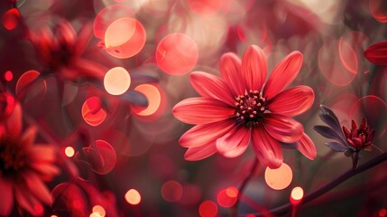 Wall Mural - abstract lights from nature with red flower background