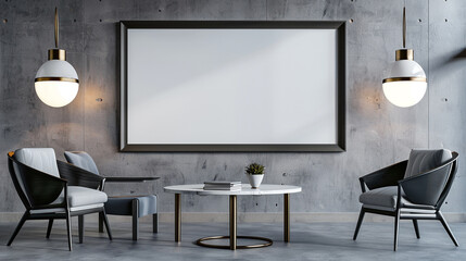 Wall Mural - Modern home interior with a blank mockup frame on a grey wall, sleek chairs, a sophisticated table, and two hanging lamps flanking the frame