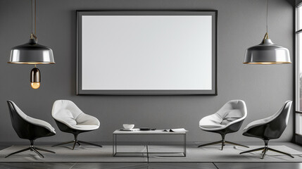 Wall Mural - Modern home interior with a blank frame on a grey wall, featuring contemporary chairs, a sleek table, and two hanging lamps