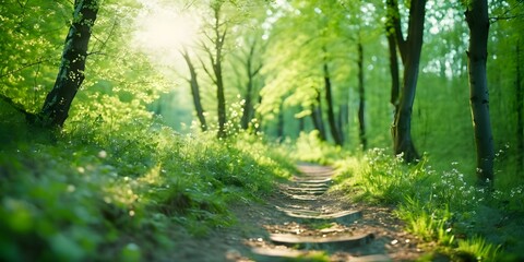 Wall Mural - Path footpath in the deciduous forest in spring in the summer in the morning sun. Young lush green trees in the forest.