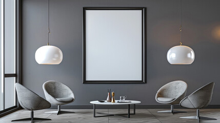 Wall Mural - Sleek home interior design with a blank frame on a grey wall, minimalist chairs, a modern table, and two hanging lamps