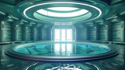 Cistern on Circular Stage with Centered Composition,  Futuristic Techno Elements, Subtle Colors, and Ultra Fine Cubic Futurism Details