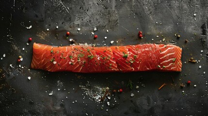 Wall Mural - Raw red salmon fillet seasoned with salt spices and herbs on a dark concrete surface