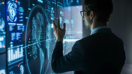 Wall Mural - a businessman or ceo looking at hologram display of project information details, corporate people us