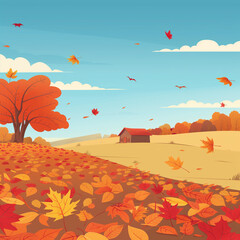Wall Mural - Create a vector-style autumn landscape featuring a layer of orange and red leaves on the ground. Include a quaint wooden cabin in the distance. The sky should be clear and blue with minimal clouds. Em