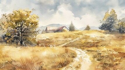 countryside dirt road and old farmhouses watercolor art