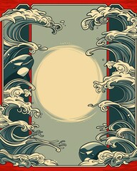 Wall Mural - Intricate Vintage Japanese Wave Border Artwork Featuring Stylized Ocean Waves and Minimalist Central Space in a Retro Design Aesthetic