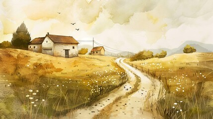 Wall Mural - countryside dirt road and old farmhouses watercolor art