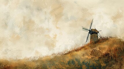 rustic old windmill on a grassy hill watercolor illustration