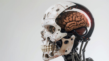 Wall Mural - Digital Art: 3D Rendering of Robotic Skull and Human Brain on White Backgroun