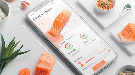 A close-up image of a smartphone displaying a nutrition app with salmon data. Fresh salmon fillets and other healthy ingredients are visible in the background.