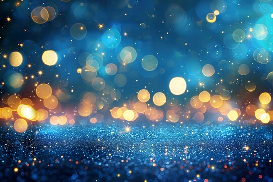 Abstract Blue background with bokeh lights and glitter, shining golden stage backdrop