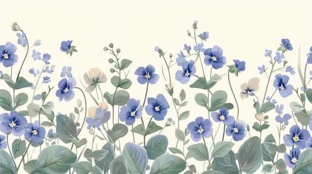 An illustration of a delicate flower featuring blue violets and green leaves against a soft cream background, wallpaper, card
