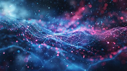 A digital background tailored for tech processes, showcasing neural networks, artificial intelligence, data transfer and encryption, digital archives, sound and graphic presentations, and scientific a