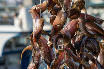 Wall Mural - View of drying pollacks at the harbor