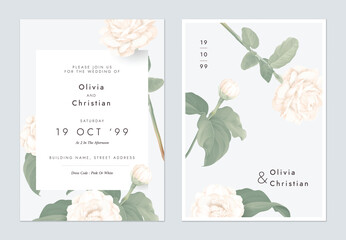 Wall Mural - Wedding invitation template, white Jasminum sambac flowers on grey background