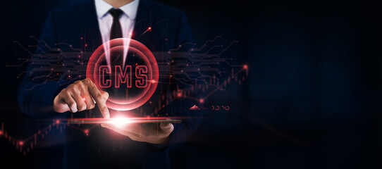 Wall Mural - cms businessman uses tablet and digital networking interface on content management system (cms) icon